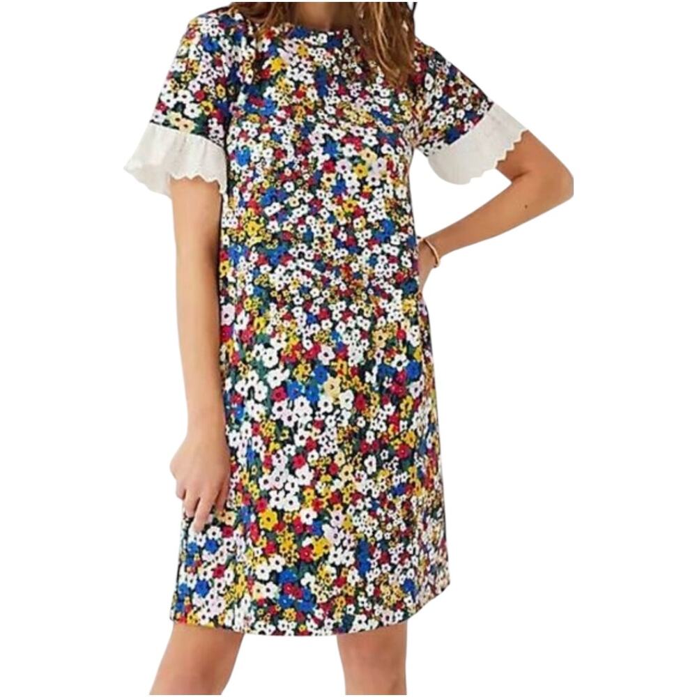 Ann Taylor Floral Eyelet Cuff Shift Dress Knee Length Ruffle Trim Multicolor S